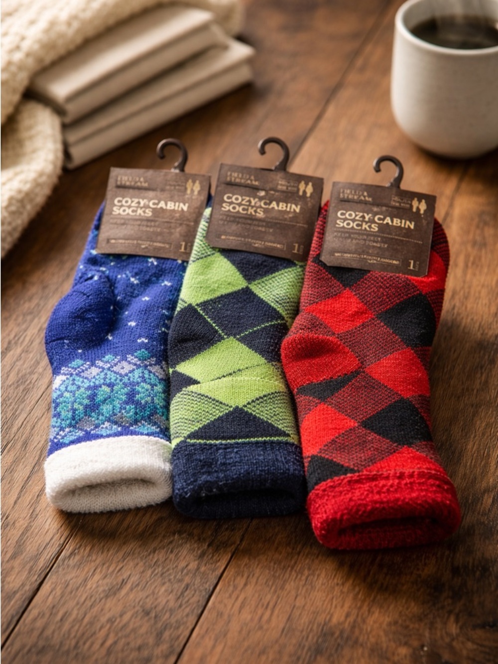 NWT Field & Stream Youth Cozy Cabin Socks - Set of 3 Blue/Red/Green Non Slip